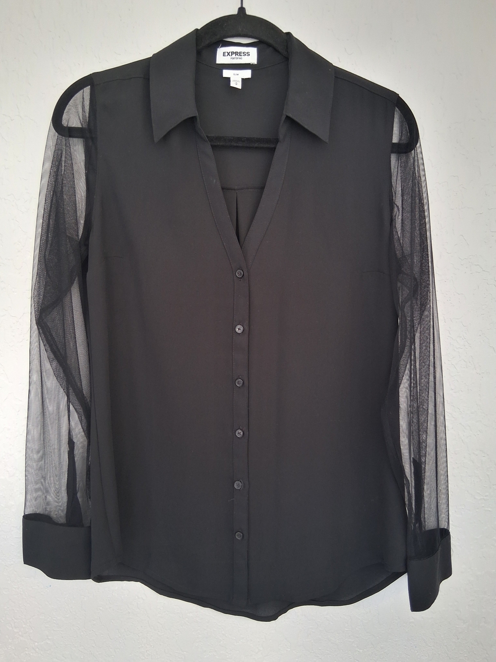 Express Portofino Shirt Womens Medium Black Sheer Mesh Long Sleeve Button Up